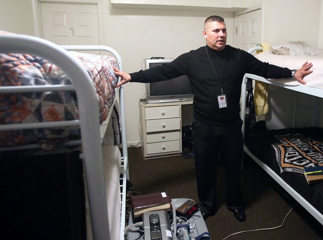 Pastor Robert Flores gives a tour of a room that houses four men. Right Way ministries is a men’s residential treatment facility centered around a 14-course, Bible-based curriculum.