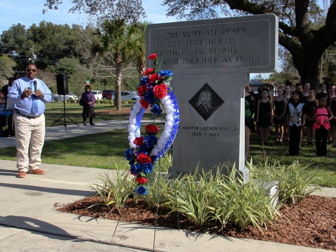 A wreath is placed near Martin Luther King, Jr.'s memorial at Martin Luther King, Jr. Park on Saturday, Jan. 17, 2015 in Ocala, Fla. In addition to the laying of a decorated wreath, musical and dance performances were given at the park in remembrance of him.