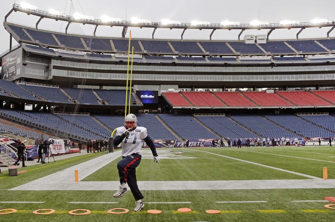 Patriots tackle Nate Solder runs duringl practice at Gillette Stadium in Foxboro on Wednesday. The Patriots face the Indianapolis Colts in the AFC Championship game tonight at 6:40 p.m. Charles Krupa/THE ASSOCIATED PRESS