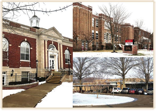 The New Philadelphia branch of the Tuscarawas County Public Library is shown at the left. The top right photo is of Welty Middle School and New Philadelphia High School, and the photo at the bottom right is of Tusky Valley High School in Zoarville.