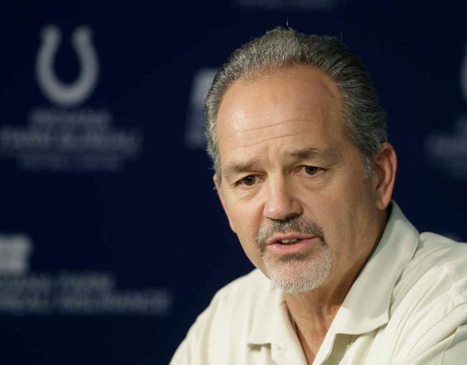 Indianapolis Colts head coach Chuck Pagano responds to a question during a news conference NFL football team's practice facility Monday, Jan. 19, 2015, in Indianapolis. The New England Patriots defeated Colts 45-7 in AFC championship game. (AP Photo/Darron Cummings)