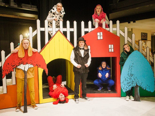 CATCO is Kids production of "Go, Dog. Go!" features this cast. Bottom row, from left: Ben Sostrom (Yellow Dog), Andrew Protopapas (Red Dog), Joe Dallacqua (MC Dog), Beth Conley (Blue Dog), and Annie Huckaba (Green Dog); top row, from left: Heather Burley (Spotted Dog) and Bryn Sowash (Hattie)