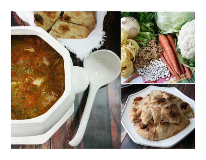 Soup is everybody's favorite cold-weather dish, especially when it's vegetable soup containing add-ins, such as beans and pasta. For a special treat, serve soup with homemade naan flatbread, bottom right.