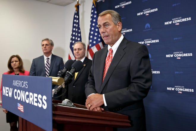 On the morning after President Barack Obama's State of the Union speech, House Speaker John Boehner of Ohio, tells reporters that he has asked Israeli Prime Minister Benjamin Netanyahu to address Congress on dealing with terrorism but that he did not consult the White House on the invitation, Wednesday, Jan. 21, 2015, on Capitol Hill in Washington. From left are, Rep. Lynn Jenkins, R-Kansas, House Majority Leader Kevin McCarthy of Calif., House Majority Whip Steve Scalise of La. and Boehner.  (AP Photo/J. Scott Applewhite)