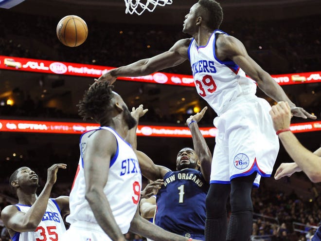 The Sixers' Jerami Grant, shown here blocking the shot of the Pelicans' Tyreke Evans during a January game, earned regular minutes as a rookie second-round pick.
