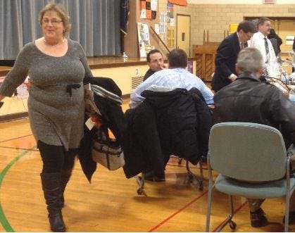 (File) Debra DeBlasio arrives at a Pennsbury school board meeting on Jan. 15, 2015. It was the first board meeting she attended in person since September 2014.