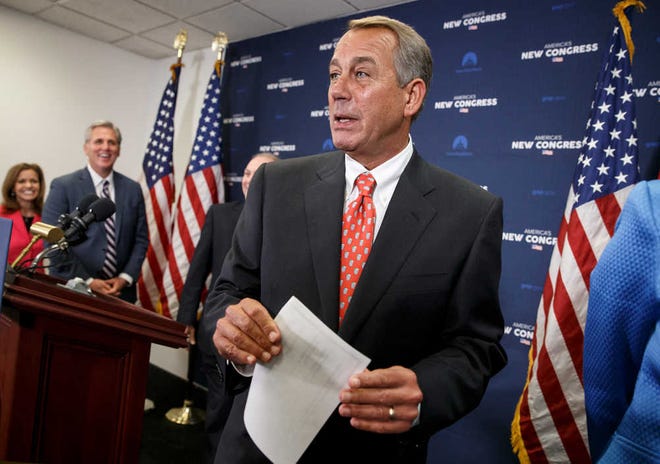 On the morning after President Barack Obama's State of the Union speech, House Speaker John Boehner of Ohio, leaves a news conference on Capitol Hill in Washington, Wednesday, Jan. 21, 2015, after telling reporters that he has asked Israeli Prime Minister Benjamin Netanyahu to address Congress on dealing with terrorism, but did not consult the White House on the invitation. From left are, Rep. Lynn Jenkins, R-Kansas, House Majority Leader Kevin McCarthy of Calif. and Boehner. (AP Photo/J. Scott Applewhite) (AP Photo/J. Scott Applewhite)