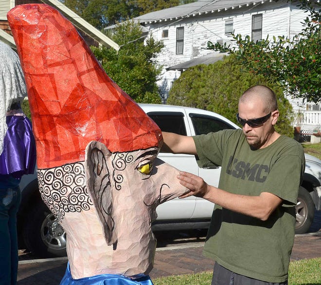 PETER.WILLOTT@STAUGUSTINE.COM Steve Starrett stands on Wednesday, January 21, 2015 with a giant paper mache head that will be part of the annual Noche de Gala procession down St. George Street in St. Augustine on Feb. 28, 2015. The Noche de Gala is an annual event celebrating the birthday of St. Augustine's founder, Pedro Menendez de Aviles.