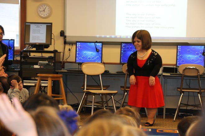 Becky Curran fields many questions from Derby's Lower School students. Courtesy photo