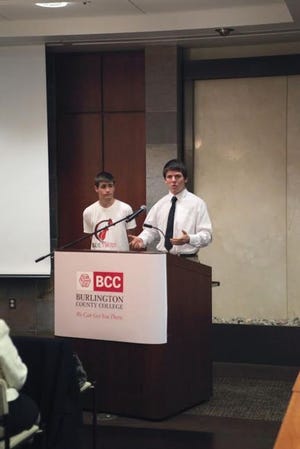 Shawnee High School students Max Haggerty (left) and Connor Gross, winners of BCC’s Startup Star competition, High School Division, presented their BeneThread charitable clothing line concept to a panel of expert judges and audience members during last year’s finale.
