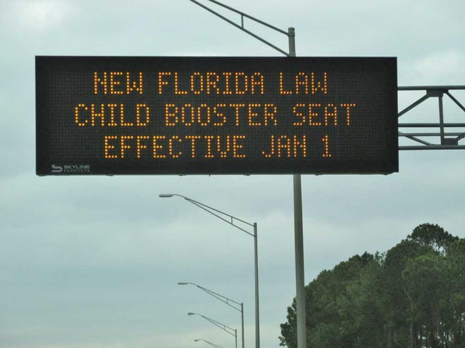 dan.scanlan@jacksonville.com The state Department of Transportation's overhead information signs like this one on Interstate 95 near Butler Boulevard are flashing alerts about Florida's revised child restraint laws.