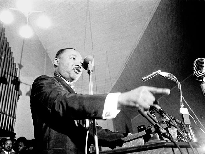 The Rev. Martin Luther King Jr., speaks at a Selma, Ala., church in January 1965. King and other blacks attempted to register at an all-white hotel in Selma. It launched protests that led, eventually, to the passage of the Civil Rights Act.