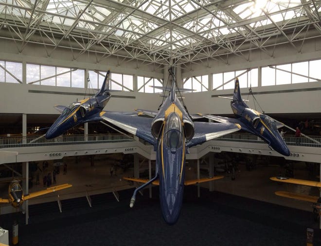 The iconic Blue Angels hang on display in the seven story atrium.