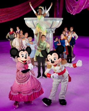 COURTESY PHOTO Jamie Edens, who returns to Stockton with Disney on Ice: Let's Celebrate  A group scene from the Valentine's celebration, including Jamie Edens as Snow White Disney icons Mickey and Mini Mouse on ice