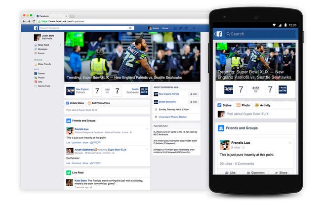 This image provided by Facebook, shows the apps Trending Super Bowl hub. As the latest step in Facebook's focus on sports, it is launching Trending Super Bowl for Sunday's NFL Super Bowl XLIX football game between the new England Patriots and Seattle Seahawks. It will be a dedicated real-time hub where followers can not only check the scoreboard module, but also read content posted by professional media, celebrities and friends, and view video and official photos from the game. (AP Photo/Facebook)