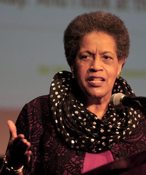 Myrlie Evers-Williams speaks Wednesday at the Missouri Theatre in honor of Martin Luther King Jr. The event was sponsored by the MU Chancellor’s Diversity Initiative.