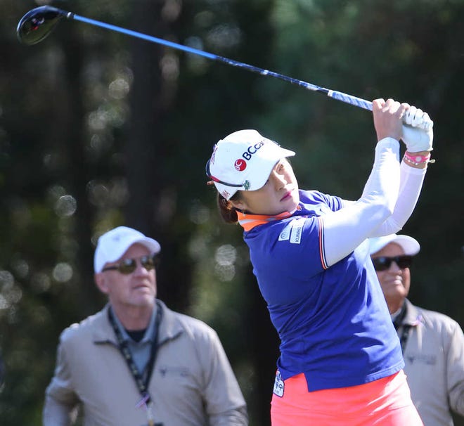 Ha Na Jang, of South Korea, hits from the 10th tee during the second round of the Coates Golf Championship LPGA tournament at the Golden Ocala Golf and Equestrian Club in Ocala, Fla., Thursday, Jan. 29, 2015. (AP Photo/The Ocala Star-Banner, Bruce Ackerman) MAGS OUT