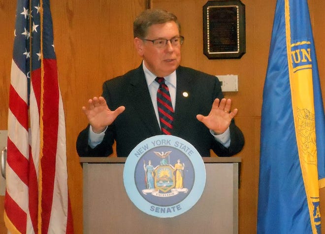 State Sen. James Seward speaks about his priorities for 2015 in the Herkimer County Legislature chambers on Jan. 14. Seward announced Friday he has introduced legislation to eliminate the gap elimination adjustment that has cost New York school districts millions of dollars. TIMES FILE PHOTO