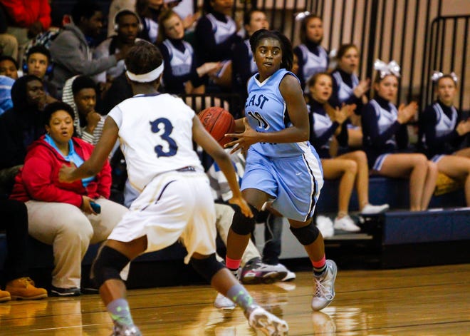 East Duplin senior Tenae McKinzie brings the ball up the court during a game at Northside earlier this month. McKinzie has been just a point guard during her last three seasons for the Panthers, but this season ‘she’s played all over the floor,’ coach Mark Lane said.