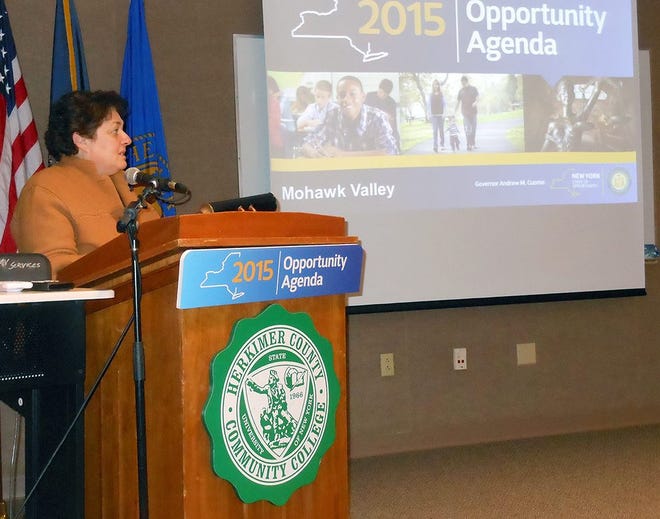 State Office of General Services Commissioner RoAnn Destito presented Gov. Andrew Cuomo's 2015 Opportunity Agenda to legislators and county officials Friday at Herkimer College. TELEGRAM PHOTO/STEPHANIE SORRELL-WHITE