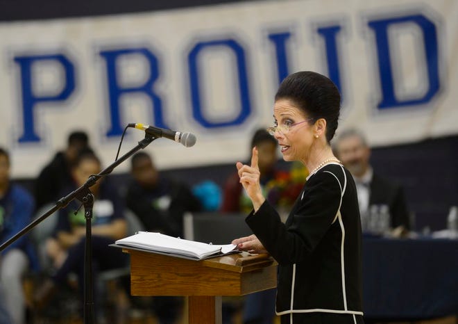 In this Journal Star file photo from May 2014, Bradley University president Joanne Glasser speaks at the Peoria Academy Dream Big Global Leadership Summit Friday.