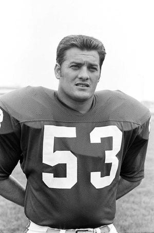 FILE - In this Aug. 1970 file photo, Mick Tingelhoff (53) of the Minnesota Vikings poses. Junior Seau, Jerome Bettis, Tim Brown, Charles Haley and Will Shields were elected Saturday, Jan. 31, 2015 to the Pro Football Hall of Fame along with Bill Polian, Ron Wolf, and senior selection Mick Tingelhoff.(AP Photo/File)