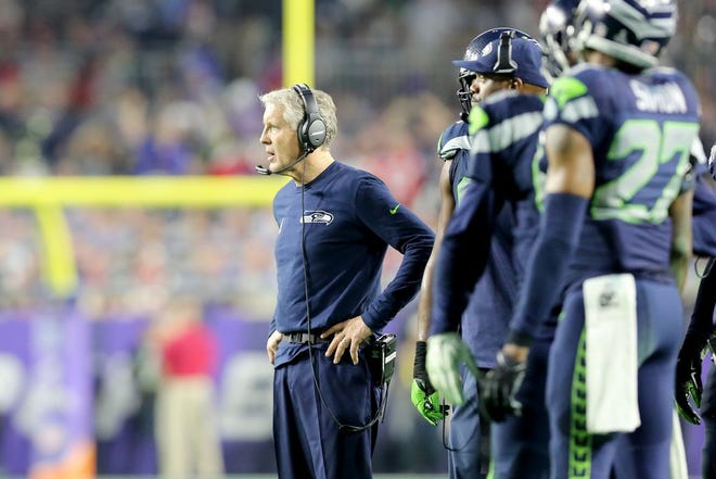 Seattle Seahawks head coach Pete Carroll is seen during NFL Super Bowl XLIX football game against the New England Patriots on Sunday, Feb. 1, 2015, in Glendale, Ariz.