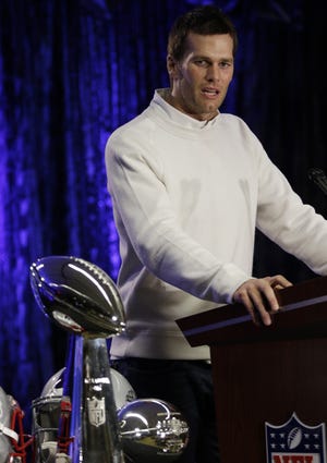 Patriots quarterback Tom Brady speaks during a news conference on Monday, the morning after New England's dramatic 28-24 win over the Seahawks in the Super Bowl. Brady was named the game's most valuable player.