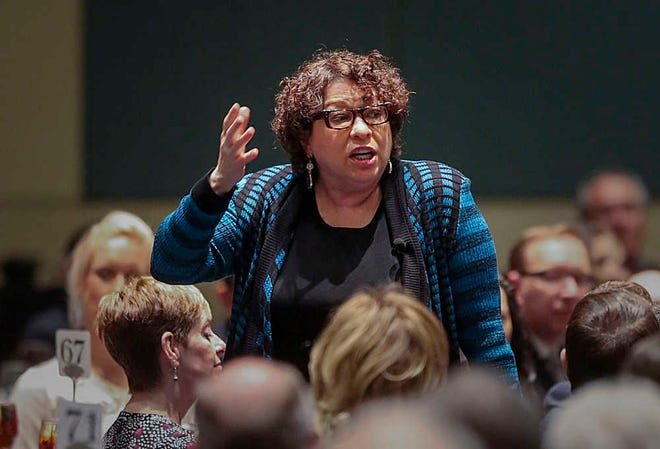 United States Supreme Court Justice Sonia Sotomayor addresses a joint meeting of the Forum Club and Palm Beach Bar Association Monday, Feb. 2, 2015 at the Palm Beach County Convention Center. (AP Photo/The Palm Beach Post, Damon Higgins)