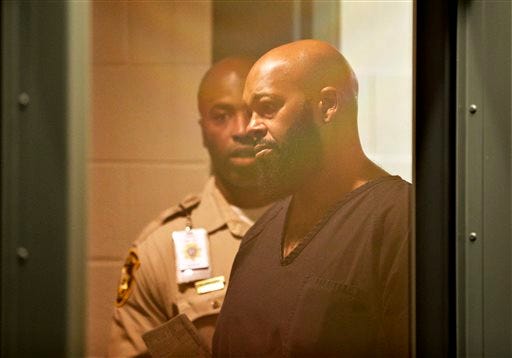 In this Oct. 30, 2014 file photo, rap music mogul Marion "Suge" Knight appears in court on a traffic warrant, in Las Vegas following his arrest as a fugitive in a California robbery case. A lawyer for Knight says the Death Row Records founder was at the wheel of a car that struck two men, killing one, in a Los Angeles suburb. The accident in Compton occurred shortly before 3 p.m. Thursday, Jan. 29, 2015. (AP Photo/John Locher, File)