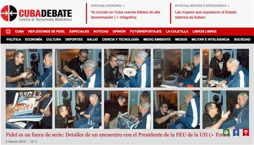 A screenshot of Cuba's website Cubadebate shows ten photos of Fidel Castro on their opening page in Havana, Cuba, Tuesday Feb. 3, 2015. Cuba has published the first photos of Fidel Castro in five months, showing the 88-year-old former leader engaged in conversation with the head of the main Cuban student union. A first-person account by student leader Randy Perdomo Garcia says the meeting took place on Jan. 23. The photos published around midnight on Monday are the first images of the revolutionary leader since a set of photos came out in August showing him talking with Venezuelan President Nicolas Maduro.(AP Photo)