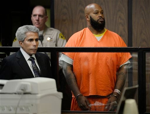 Marion "Suge" Knight joined by his attorney David Kenner, left, during his arraignment, Tuesday, Feb. 3, 2015, in Compton, Calif. Knight, 49, pleaded not guilty on to murder, attempted murder and other charges filed after he struck two men with his truck last week. (AP Photo/Paul Buck, Pool)