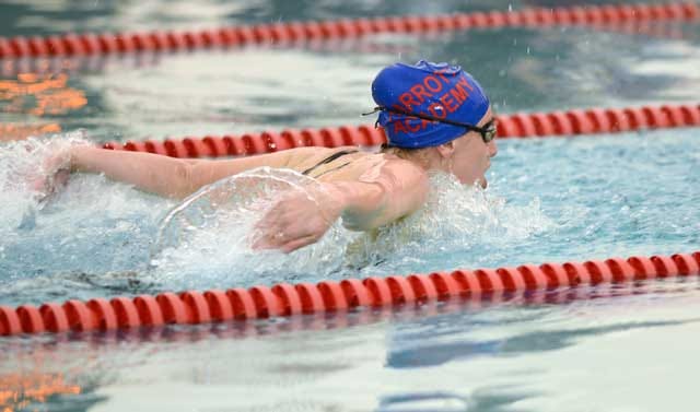 Arendell Parrott Academy's Sarah Fountain swims the 100 butterfly at the Coastal Rivers Conference Championship on Tuesday at the Woodmen Center.