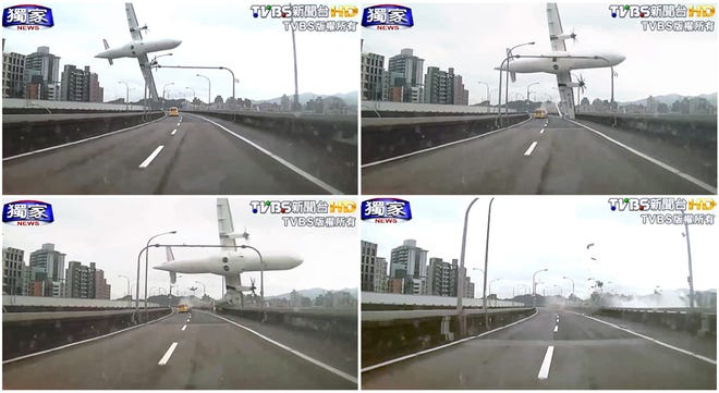 In this combination photo, a series of images taken from video provided by TVBS show a commercial airplane clipping an elevated roadway just before it careened into a river in Taipei, Taiwan, Wednesday.
