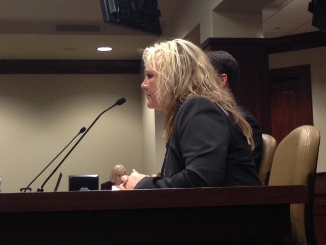 JOHN LYON • ARKANSAS NEWS BUREAU State Rep. Rebecca Petty, R-Rogers, testifies Wednesday, Feb. 4, 2015, in support of a bill to ensure that victims’ family members can view executions. Petty’s daughter, Andi, was abducted and killed in 1999.
