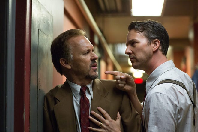 In this image released by Fox Searchlight Pictures, Michael Keaton, left, and Edward Norton appear in a scene from "Birdman." (Fox Searchlight, Alison Rosa)