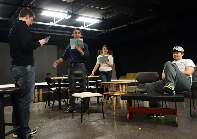 Spoon River College students Josh Webb, Alek President, Audrianna Evans, and Alex Smith rehearse for the upcoming production of "The Nerd," which will run March 6-8 in the Drama Theater on the Canton Campus.