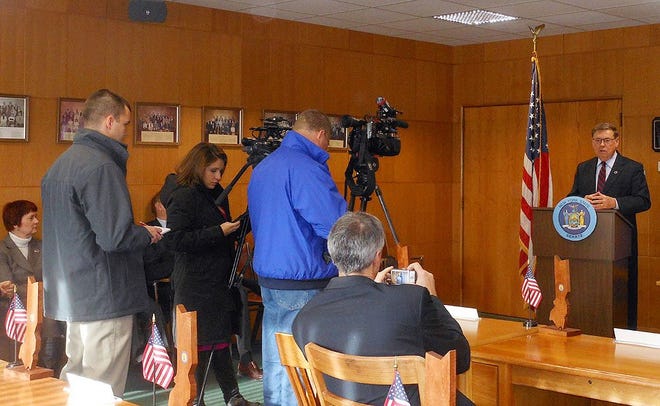 State Sen. James Seward addresses the media during a visit to the Herkimer County Legislature chambers last month. Seward announced the launch of an online petition drive Friday in support of his initative to cut New York’s gas tax. TIMES FILE PHOTO