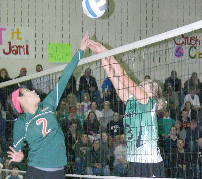 Beaver River’s Rylie Compton and Herkimer’s Paige Klock (from left) meet at the net during the fourth game of Thursday’s Section III playoff match. 



Times Photo/Jon Rathbun