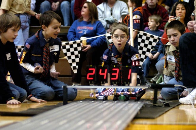 Boy scouts from around the area take part in the district Pinewood Derby at East Peoria High School, Feb. 22, 2008.