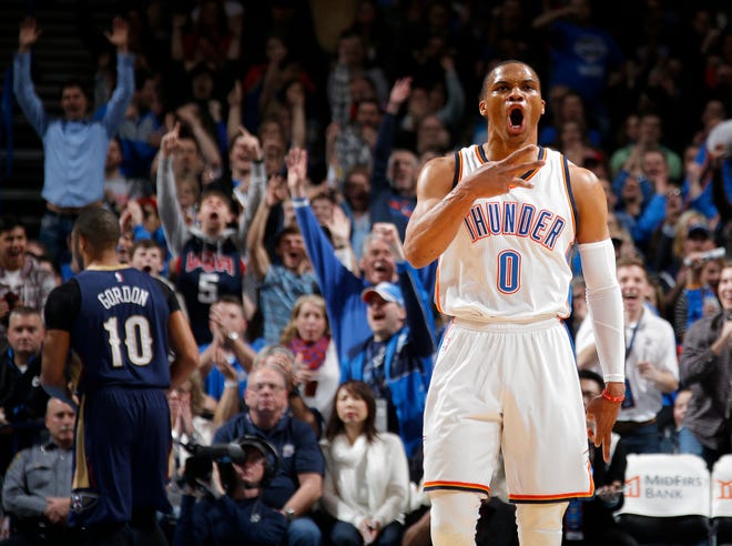 Oklahoma City's Russell Westbrook (0) celebrates after a basket during an NBA game between the Oklahoma City Thunder and the New Orleans Pelicans at Chesapeake Energy Arena on Friday, Feb. 6, 2015. Photo by Bryan Terry, The Oklahoman