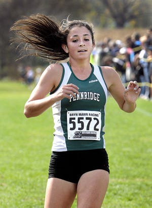 Pennridge's Marissa Sheva crosses the finish line first at the SOL Continental division xc championships at Lehigh on Friday.