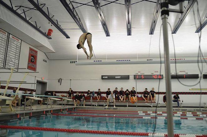 Dansville junior Shane Gilman competes in the 1-meter diving event of a regular-season swim meet hosted by the Mustangs. PHOTO PROVIDED
