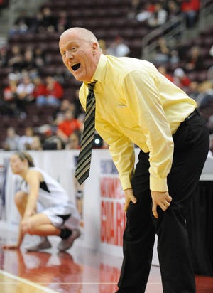 (file) Archbishop's Wood coach John Gallagher reacts to a call during his teams game against the Blackhawk's during the PIAA class AAA girl's state final basketball at Hershey last year. (Catherine Meredith/Staff Photographer)