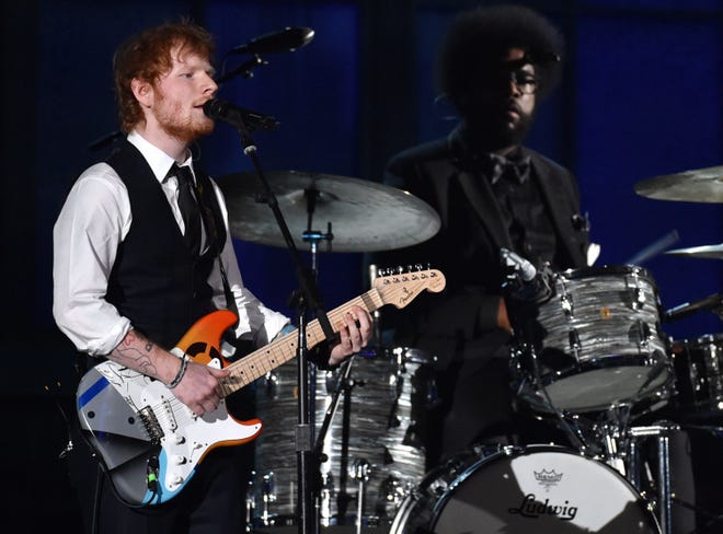Ed Sheeran performs Sunday at the 57th annual Grammy Awards in Los Angeles.