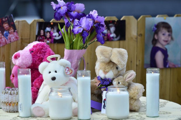 In July 2014, candles, photos, flowers and stuffed animals laid outside the Beatty home on Irwin Street in Aliquippa, where Ryeley and Brooklyn Beatty died after a dresser fell on them. Their parents, David and Jennifer Beatty, were held for trial on charges related to the deaths.