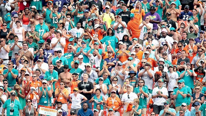 Dolphins fans cheer the Fins during a regular season NFL game between the Dolphins and the Baltimore Ravens Sunday afternoon, Oct 6, 2013 atSun Life stadium in Miami Gardens. (Bill Ingram/Palm Beach Post)