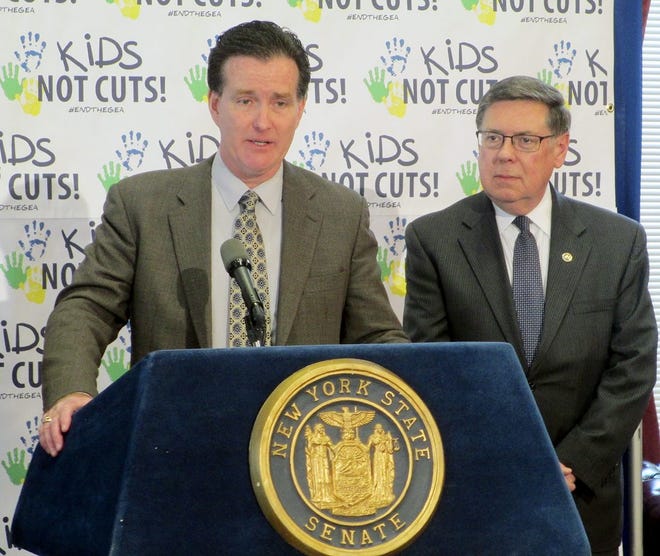 From left, Sen. John Flanagan, chair of the Senate Education Committee, and Sen. James Seward take questions during a press conference in Albany Tuesday outlining the push to eliminate the gap elimination adjustment. SUBMITTED PHOTO