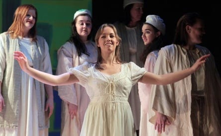 A dress rehearsal was held Monday evening for Gastonia Little Theater's new musical 'Children of Eden.' Here, Eve, played by Heidi Brack, sings as she names the animals.