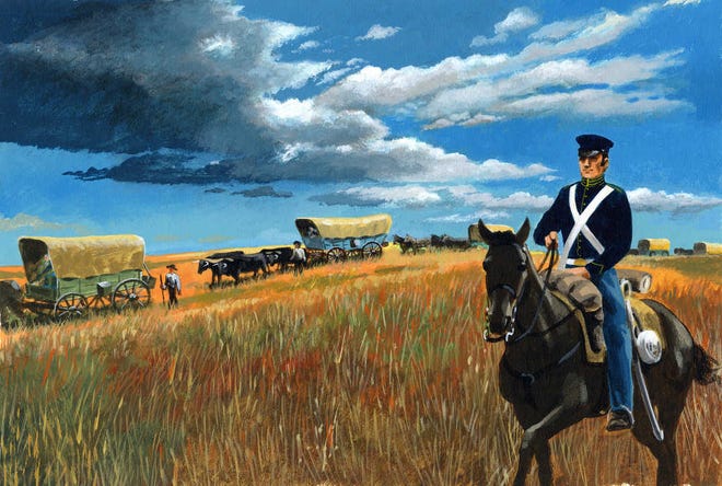 This 1983 illustration by artist Hugh Brown depicts a dragoon escorting a wagon train across the prairie. The wagon ruts that remain today at such sites as Mount Mitchell near Wamego are a testament to the state's history and how its stories are imbedded in the landscape.
